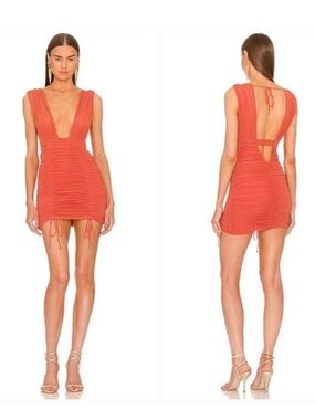 Michael Costello X revolve coen ruched mini dress L burnt orange